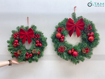 Vòng nguyệt quế Noel cổ điển nơ đỏ ĐK 40-50cm VNGQ-X-47